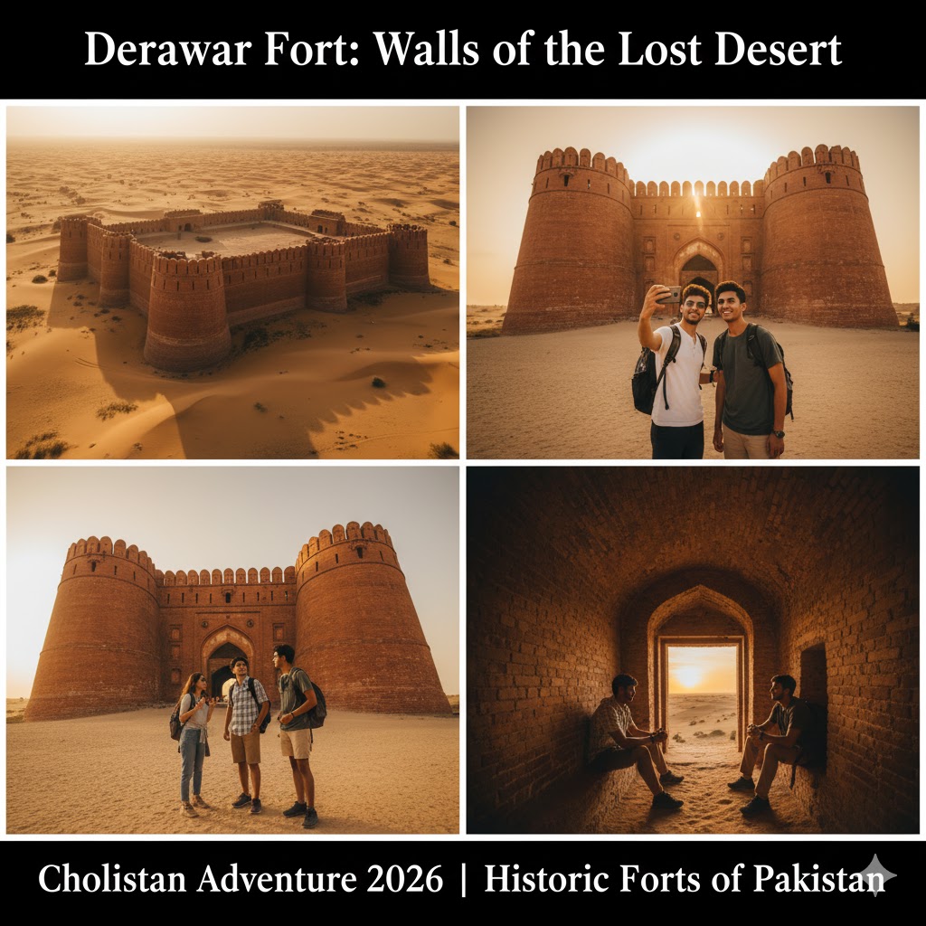 Derawar Fort walls rising from Cholistan Desert at sunset, symbolizing historic forts in Pakistan
