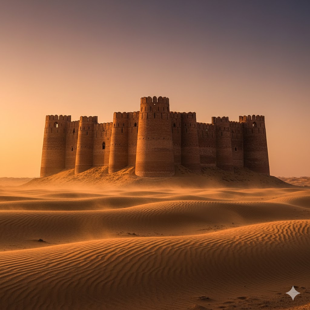 Derawar Fort’s colossal walls rising from golden sand dunes in the Cholistan Desert, Bahawalpur. Derawar Fort’s colossal walls rising from golden sand dunes in the Cholistan Desert, Bahawalpur.