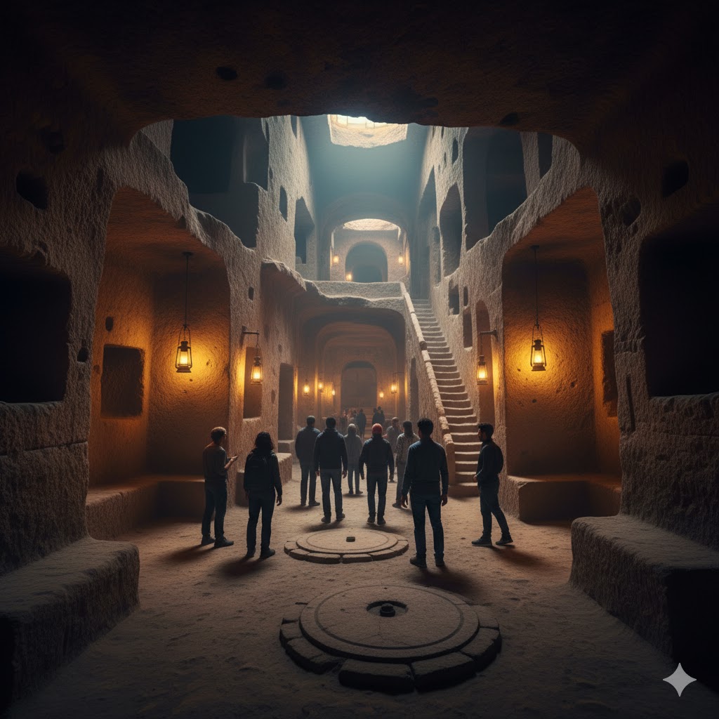 Derinkuyu underground city lit by warm lamps revealing ancient tunnels, Turkey. Derinkuyu underground city lit by warm lamps revealing ancient tunnels, Turkey.