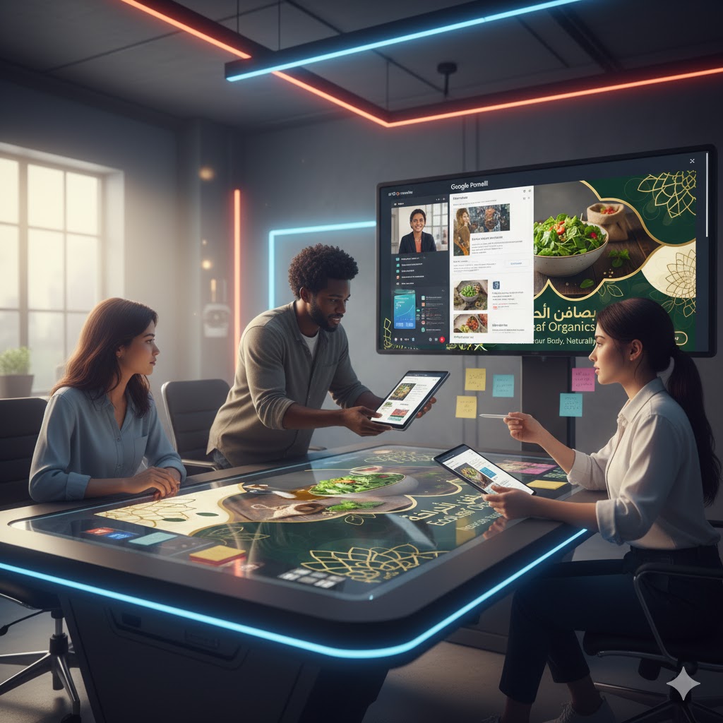 Designer team collaborating on Pomelli campaign through Google Workspace