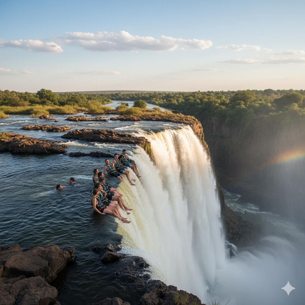 Devil’s Pool swimmers at the edge of Victoria Falls 