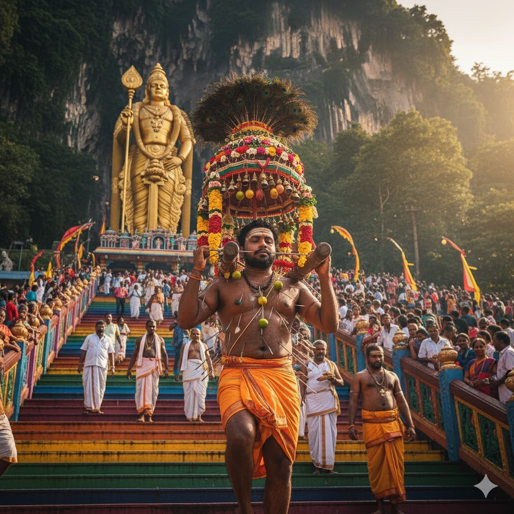 Devotee carrying kavadi at Batu Caves during Thaipusam festival