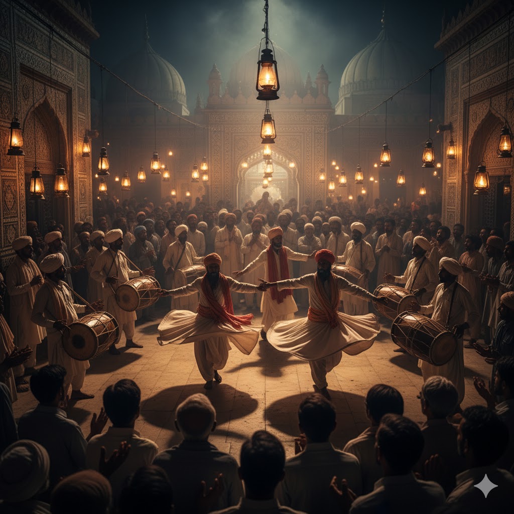 Devotees and performers dancing to dhol beats during Thursday night at Shah Jamal shrine, Lahore.