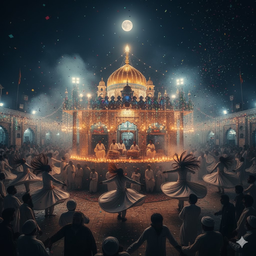 Devotees dancing at shrine of Lal Shahbaz Qalandar at night.
