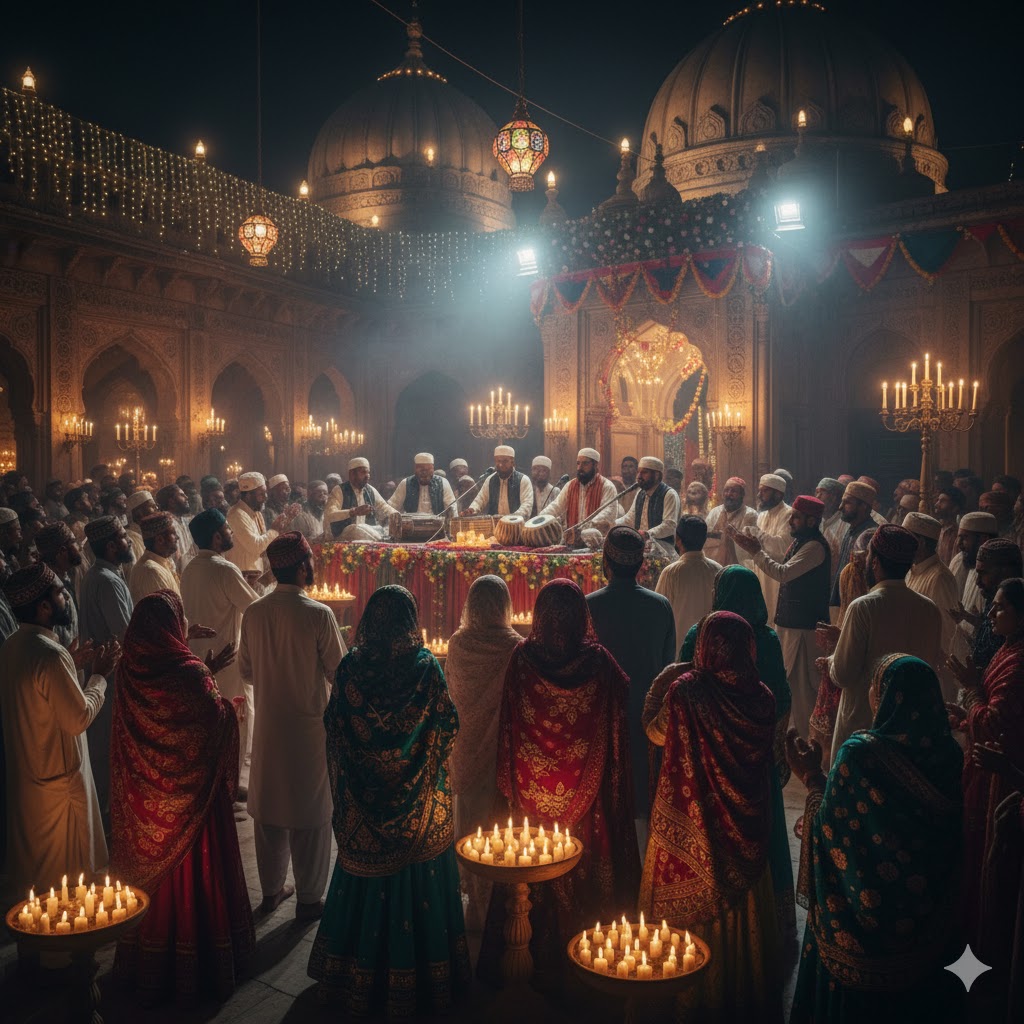Devotees gathered at Ghous Ali Shah shrine during Urs, candles, qawwali, and festive Sindhi attire