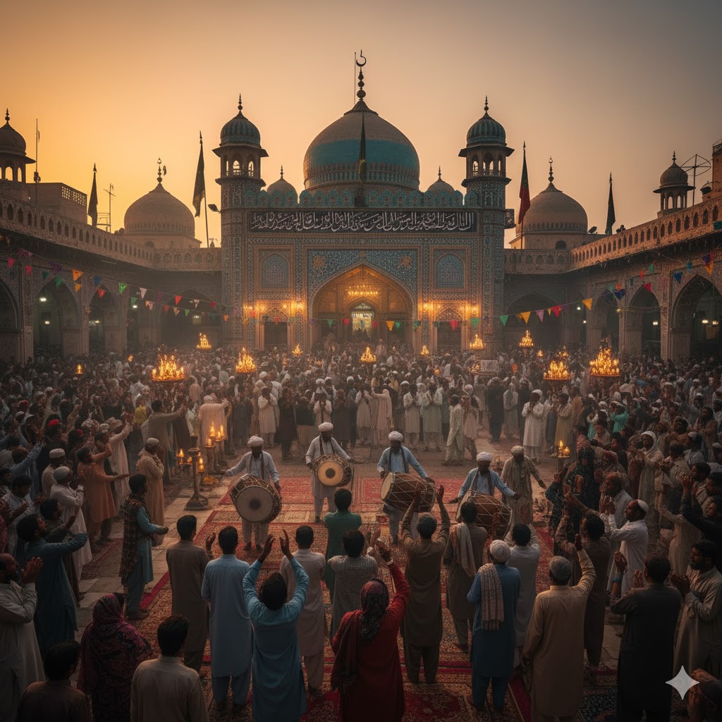 Devotees gathered at the shrine of Baba Fareed Ganj Shakar during Urs festival in Uch Sharif, Punjab, Pakistan