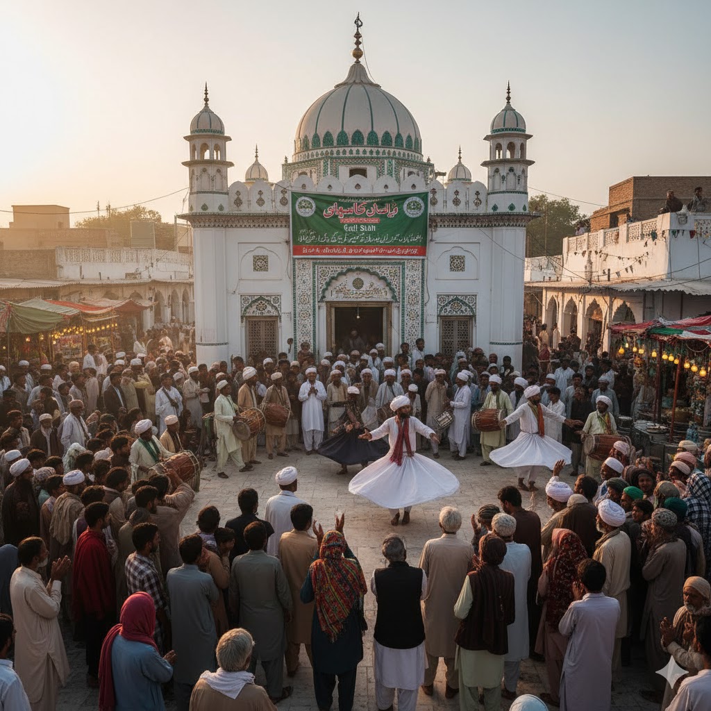 Devotees gathering around the shrine of Gaji Shah during Urs celebration in Dadu.