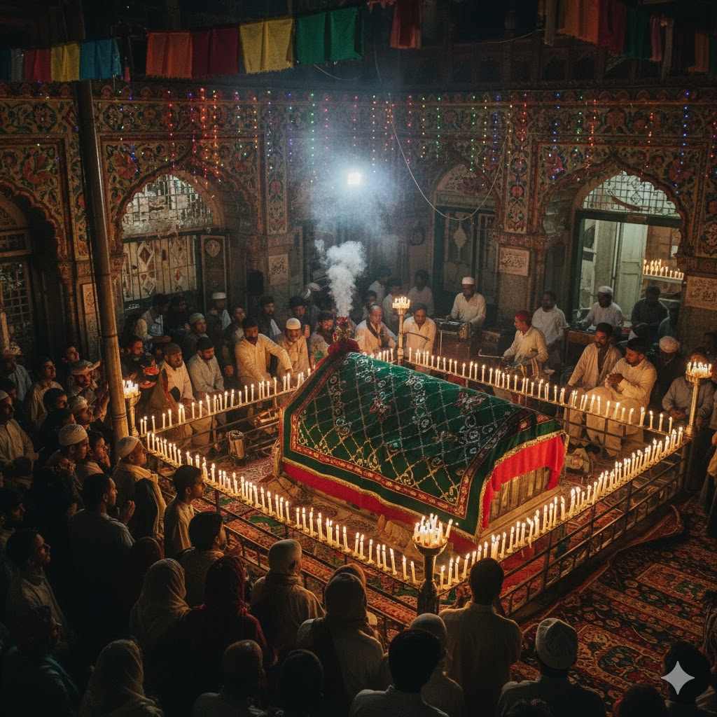 Devotees lighting candles at Shah Ghulam Ali Qadri shrine during Urs celebration in Muzaffarabad, Azad Kashmir.