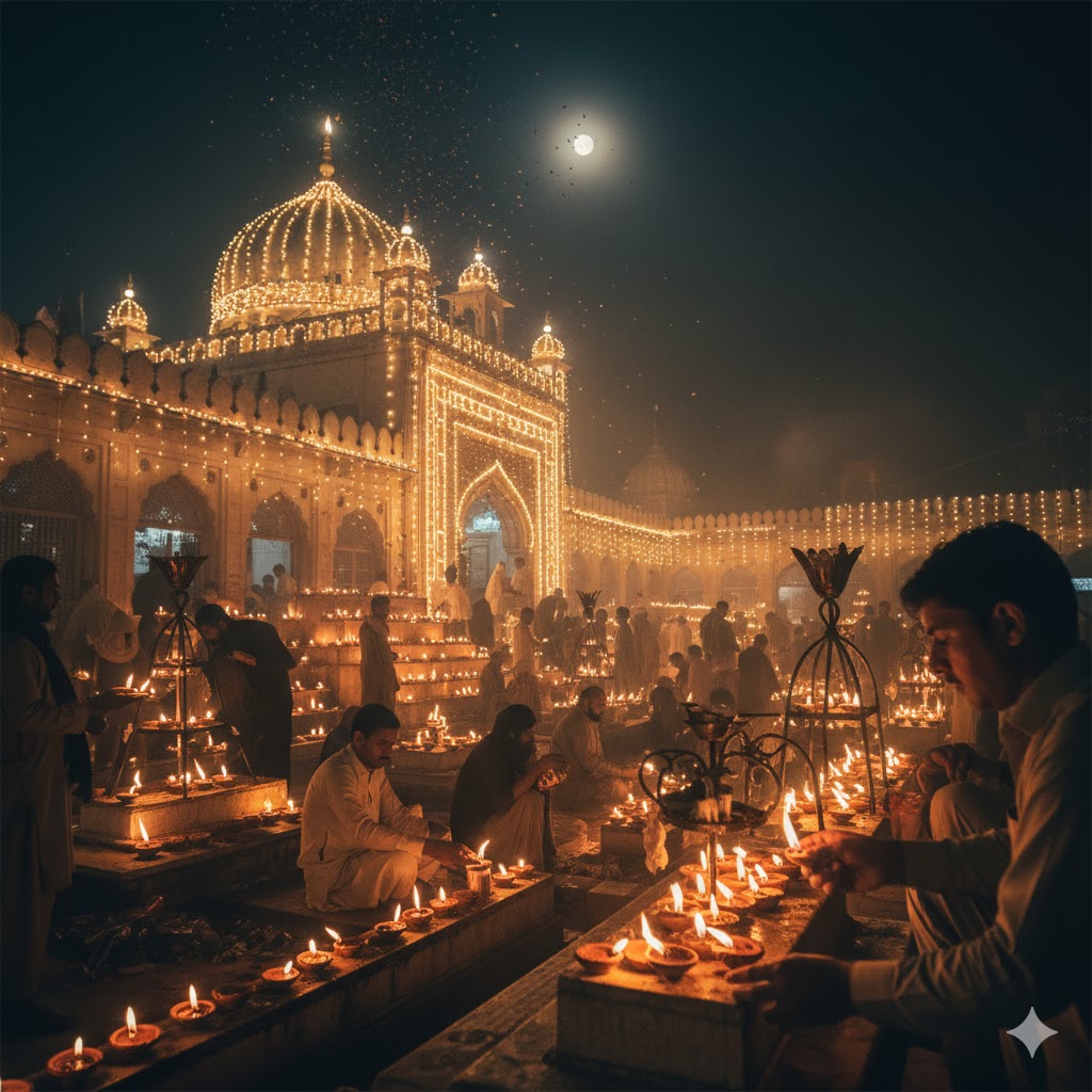 Devotees lighting lamps at Mela Chiraghan Lahore during night, spiritual ambiance, Shah Hussain shrine glowing in golden hues