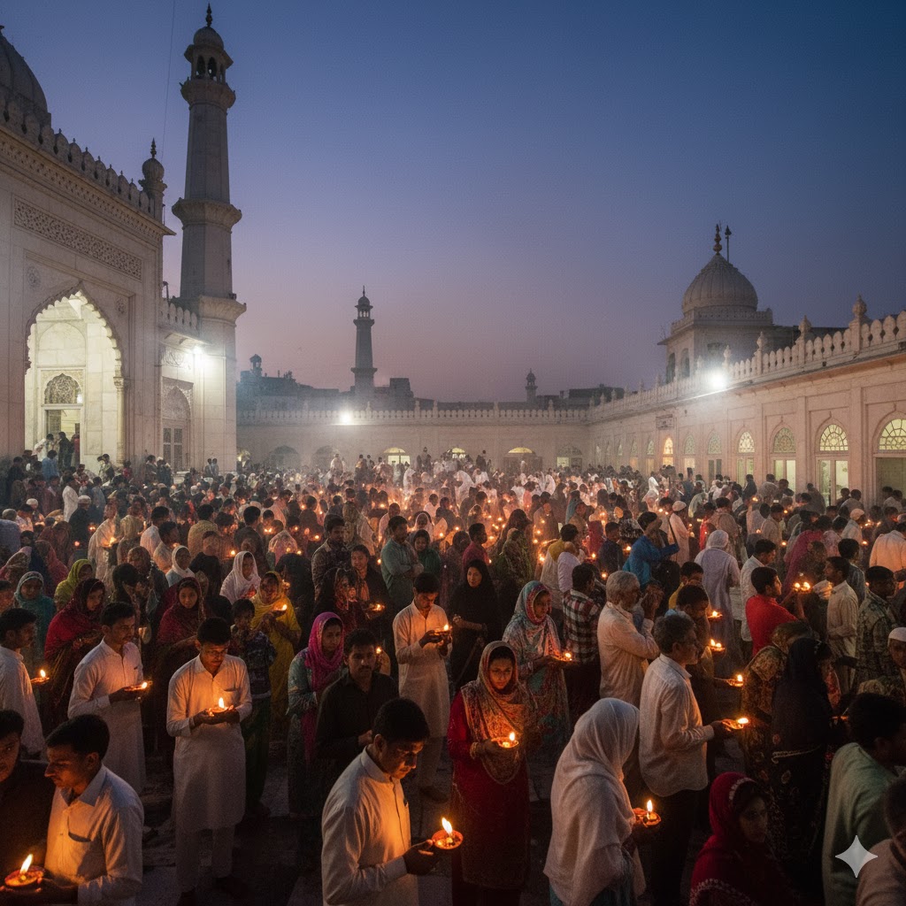 Devotees lighting lamps at Shah Hussain’s shrine during Mela Chiraghan Lahore.