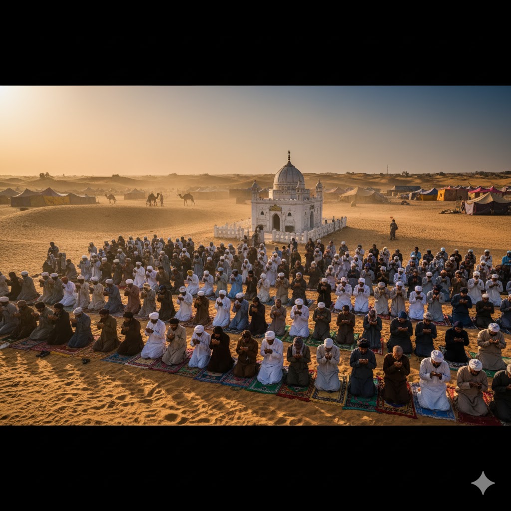 Devotees offering prayers at Hazrat Channan Pir shrine in the Cholistan Desert during annual Urs. Devotees offering prayers at Hazrat Channan Pir shrine in the Cholistan Desert during annual Urs.