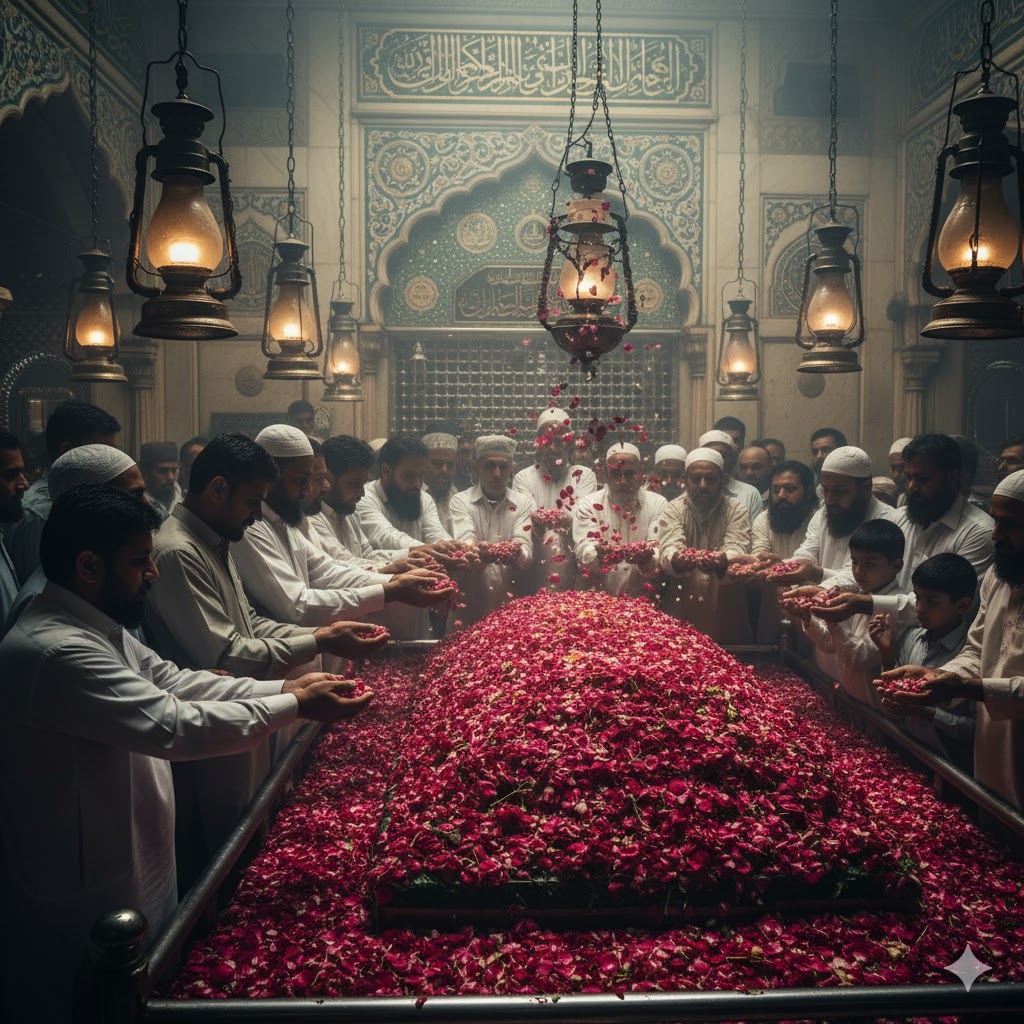 Devotees offering rose petals at Data Darbar shrine in Lahore.