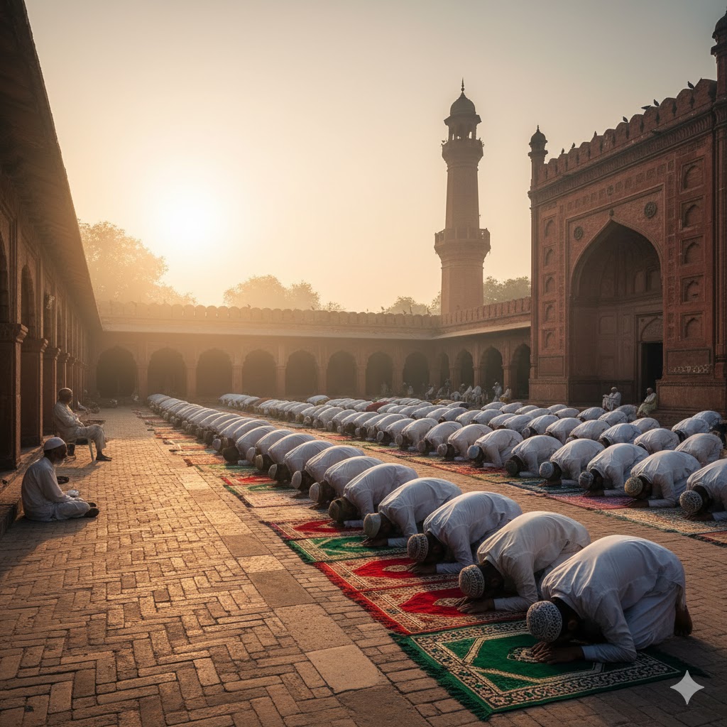 Devotees participating in morning prayers at Shah Jamal shrine, Lahore.