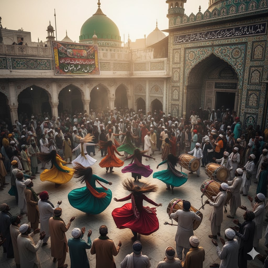 Devotees performing dhamaal at the shrine of Lal Shahbaz Qalandar during Urs.