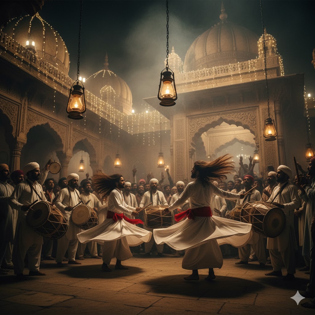 Devotees performing traditional dhol and folk music in Shah Jamal shrine courtyard.