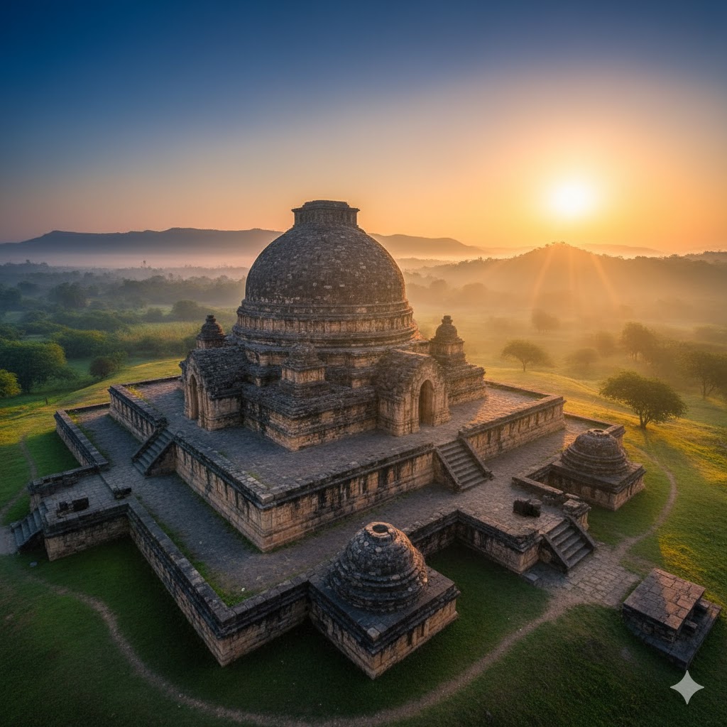 Dharmarajika Stupa at sunrise in Taxila, surrounded by green hills and ancient ruins