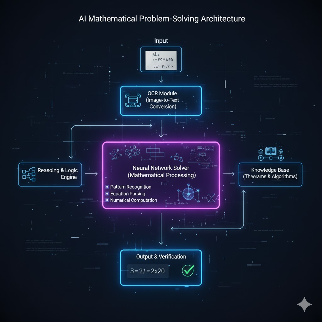 Diagram showing AI layers used in solving mathematical problems including OCR, neural network, and reasoning modules Diagram showing AI layers used in solving mathematical problems including OCR, neural network, and reasoning modules