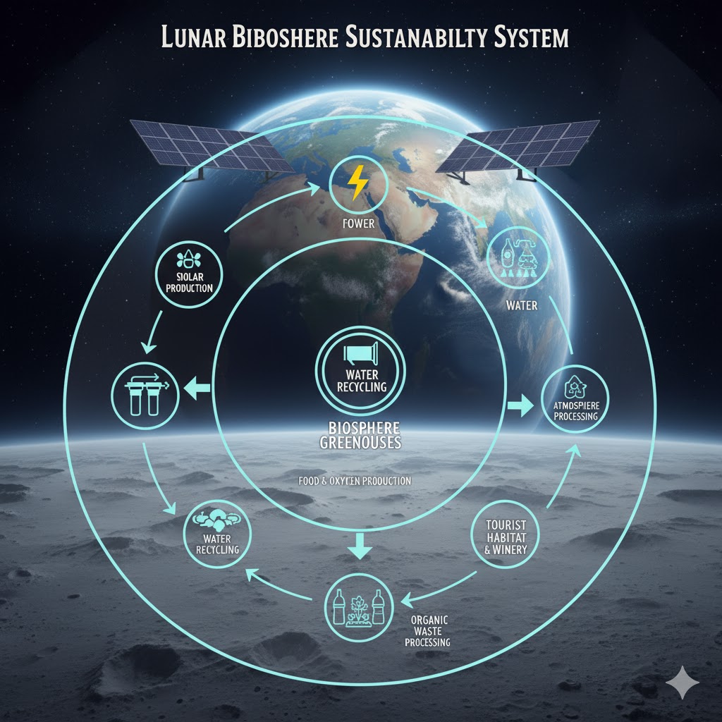 Diagram showing closed-loop sustainability system in lunar biosphere tourism dome