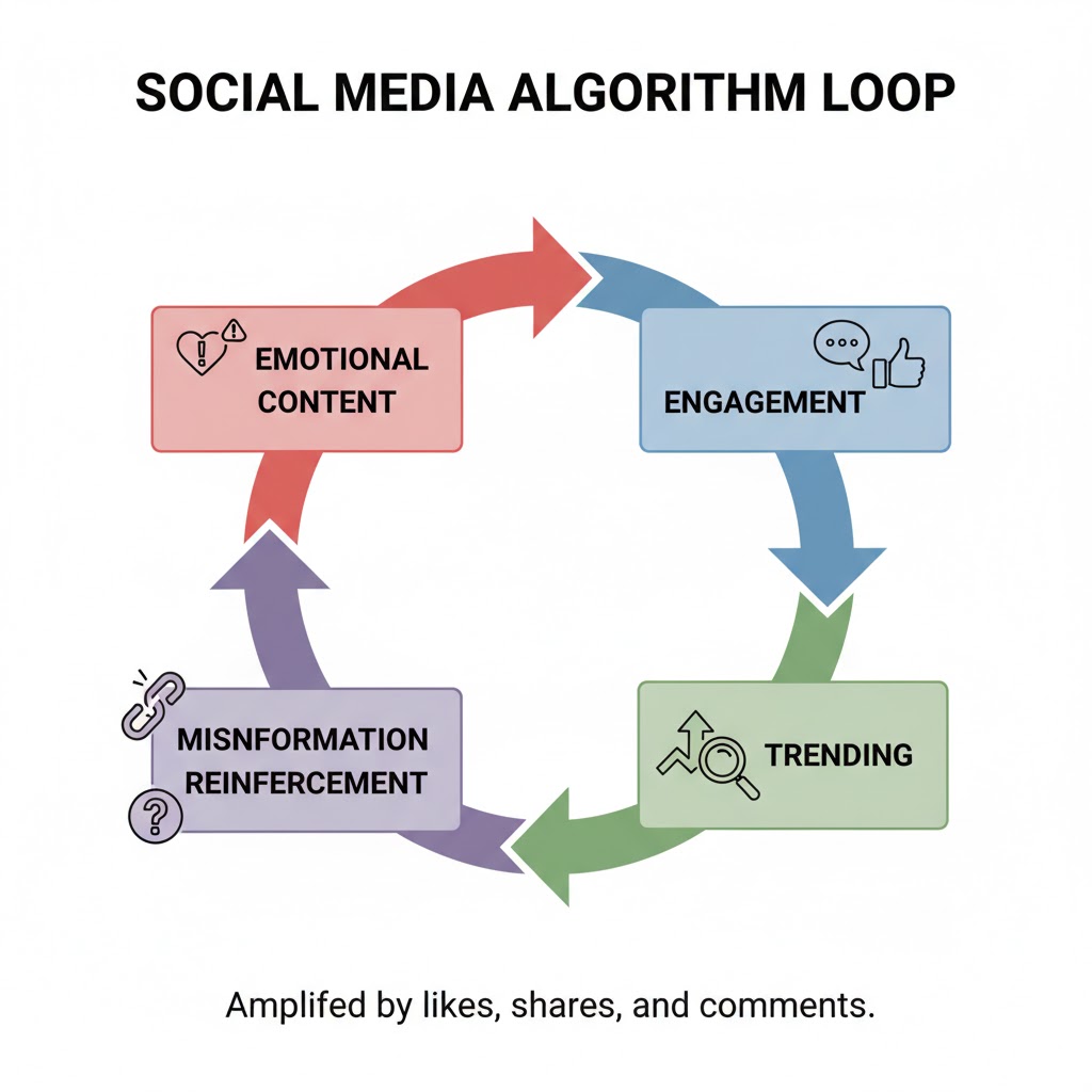 Diagram showing social media algorithm loop emotional content → engagement → trending → misinformation reinforcement. Diagram showing social media algorithm loop: emotional content → engagement → trending → misinformation reinforcement.