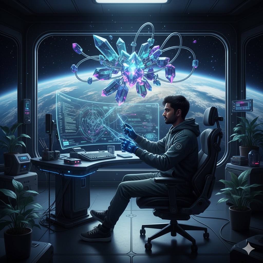 Digital artist designing AI-reactive light sculpture for orbital art exhibition