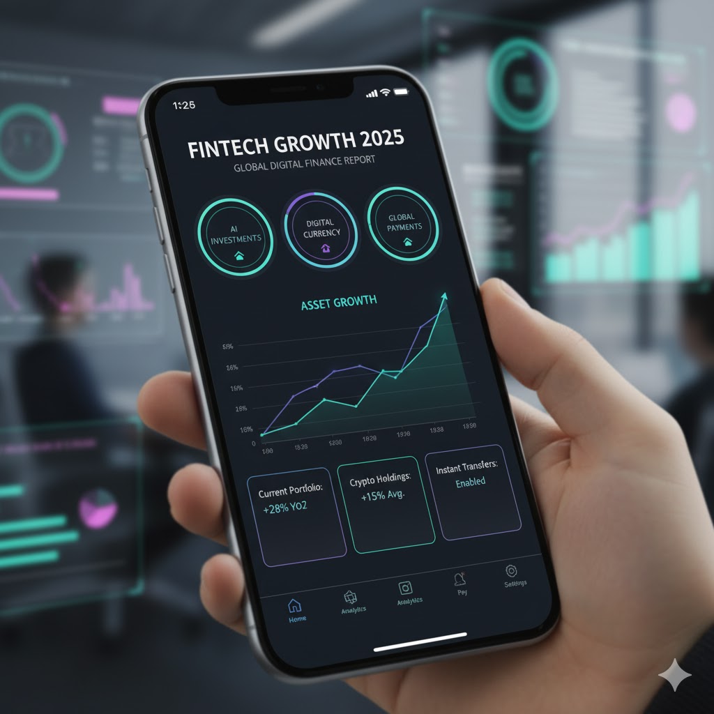 Digital banking app interface illustrating fintech growth in 2025