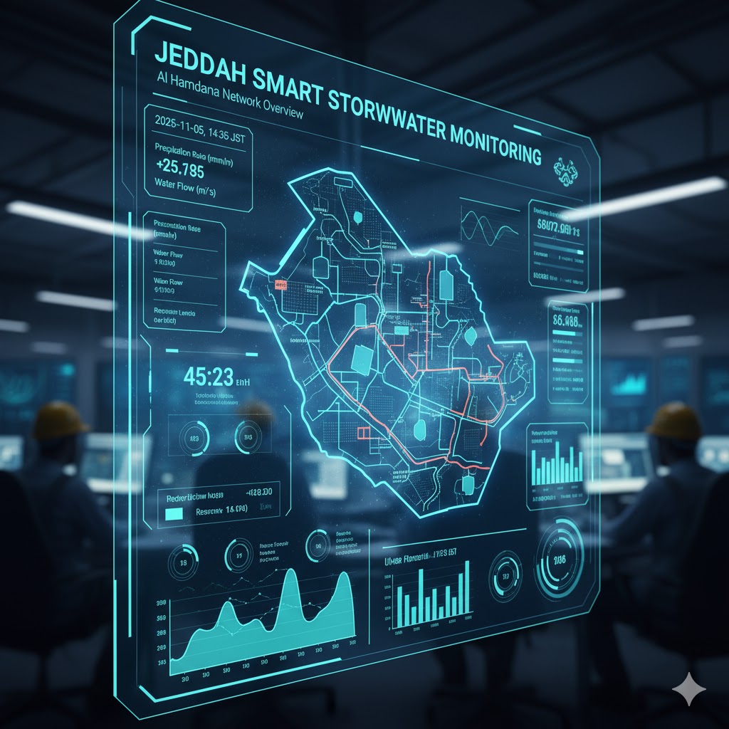 Digital monitoring dashboard showing real-time stormwater data from Jeddah’s Al Hamdaniya drainage network. 