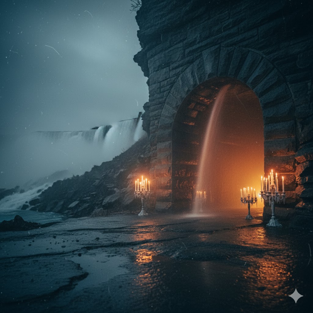Dimly lit tunnel entrance near Niagara Falls with mist and faint candlelight glow.