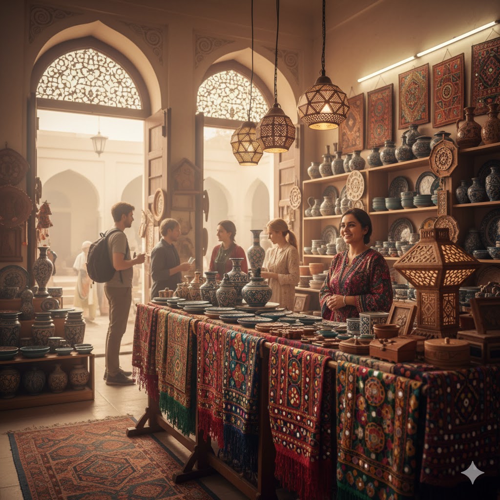 Display of colorful embroidered shawls, pottery, and camel leather goods at Bahawalpur Handicraft Center.