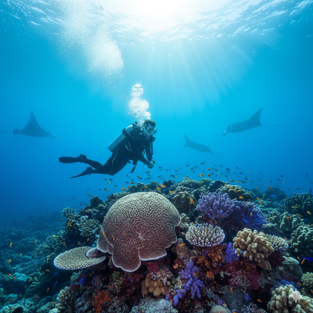 Diver exploring vibrant coral reefs in Raja Ampat with sunlight streaming through turquoise water