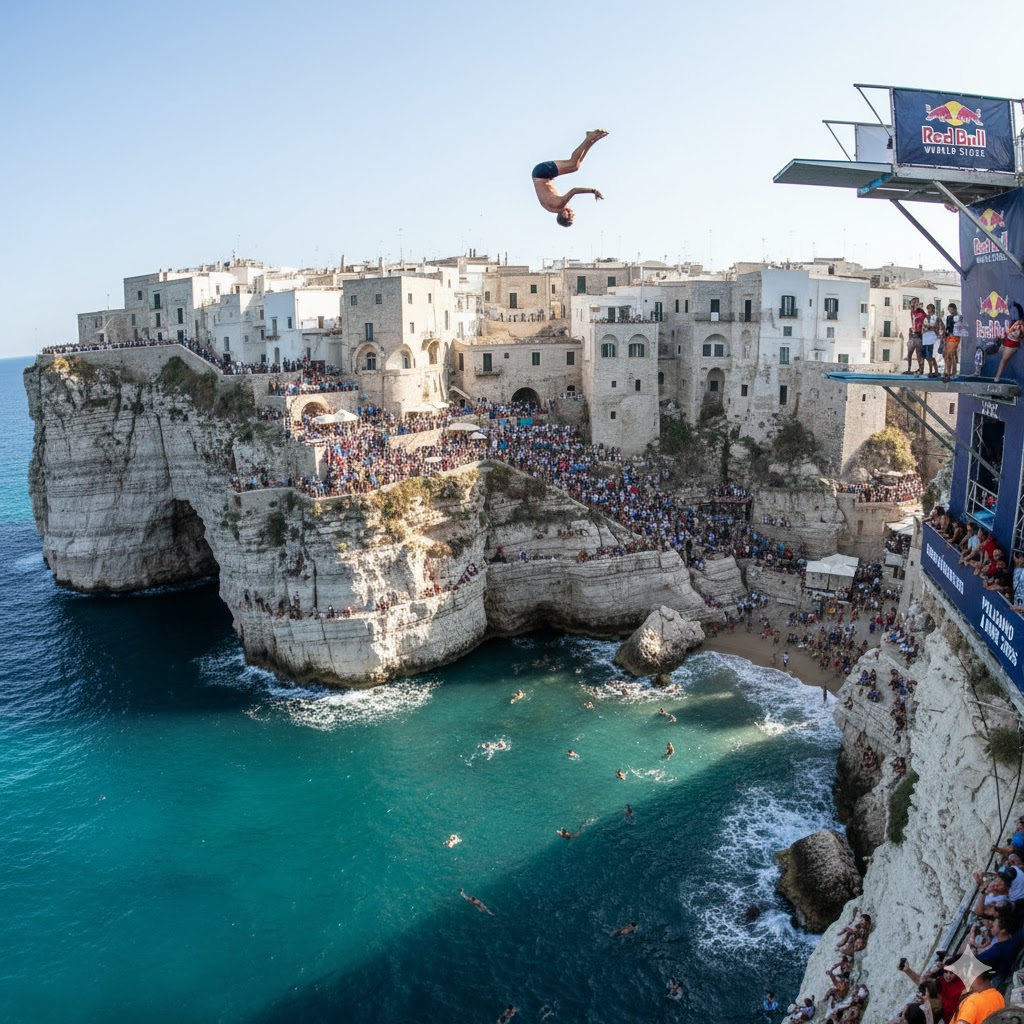 Diver mid-air above Adriatic Sea cliffs during Red Bull Cliff Diving 2026 Polignano a Mare Italy