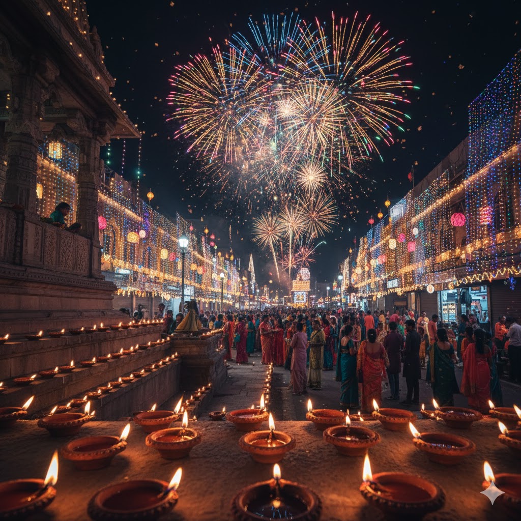 Diwali diyas glowing with fireworks in the background, India streets lit up during festival night.