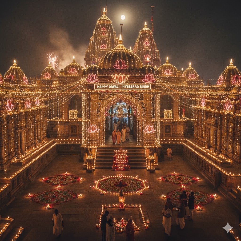 Diwali lamps and lights decorating Hindu temple in Hyderabad Sindh