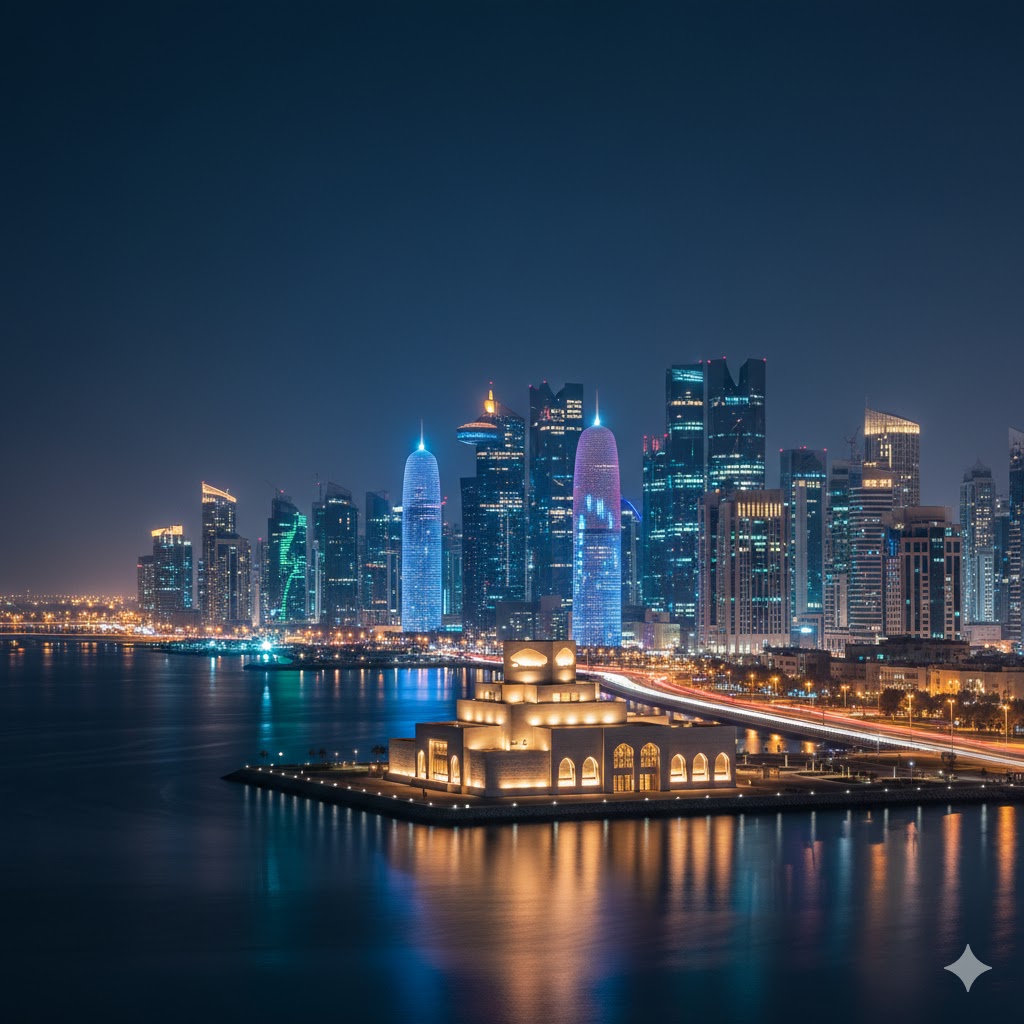 Doha skyline and Museum of Islamic Art illuminated at night, Qatar