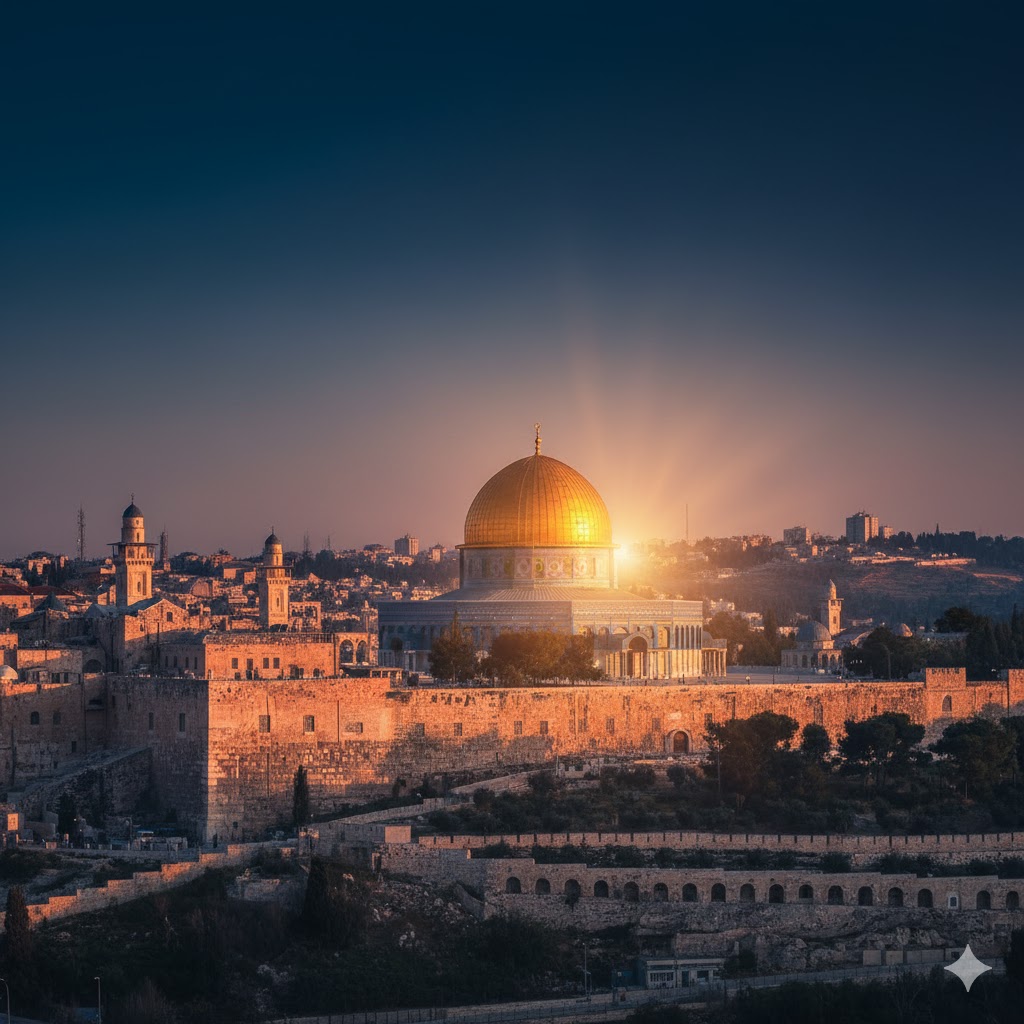 Dome of the Rock shining above Jerusalem’s ancient walls at sunset