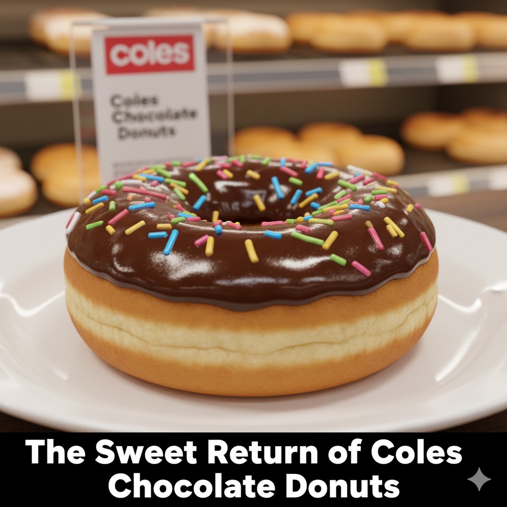 Donut with chocolate glaze — “The sweet return of Coles chocolate donuts