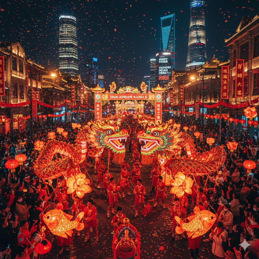 Dragon dancers performing in Shanghai street lantern parade during Lunar New Year 2026
