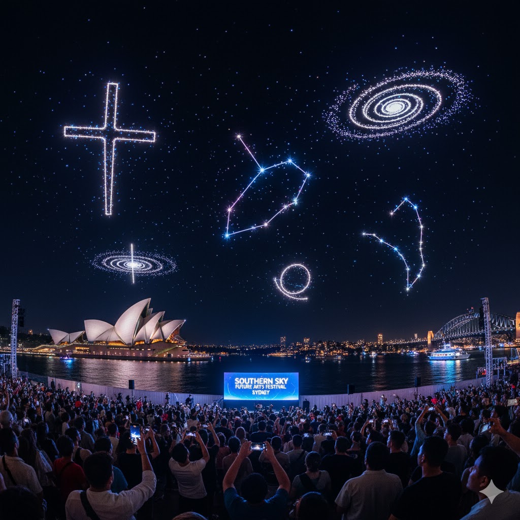 Drone constellation forming shapes of stars at Southern Sky Future Arts Festival 2027 Sydney