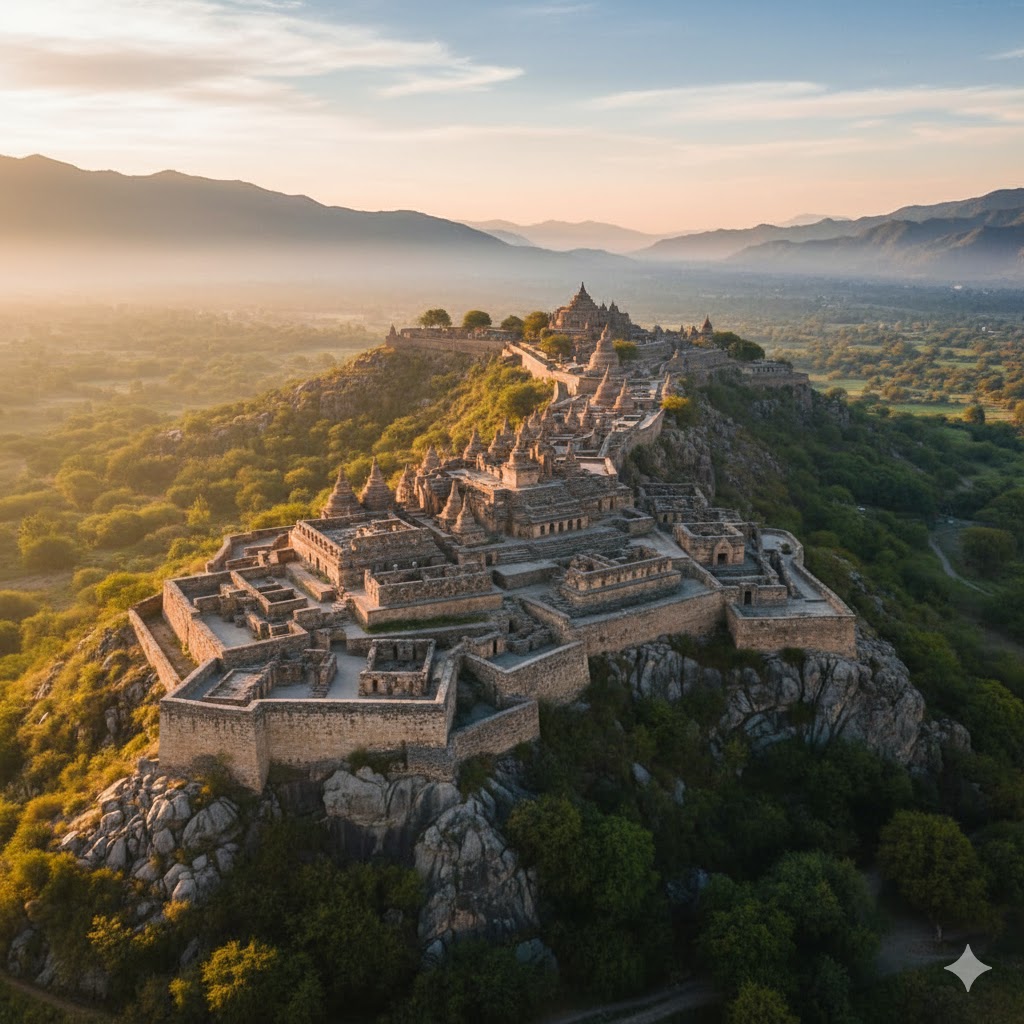 Drone shot capturing Takht-i-Bahi monastery glowing in golden morning light