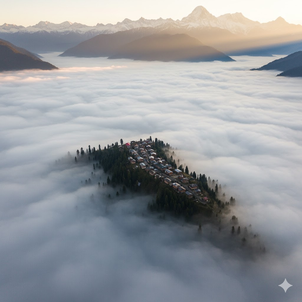 Drone shot of Arrang Kel village floating above morning clouds