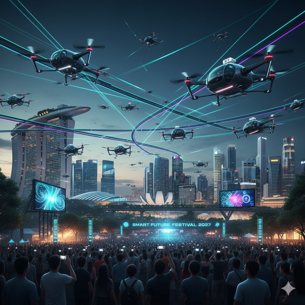 Drone taxis flying above city skyline during Smart Future Festival 2027 Singapore