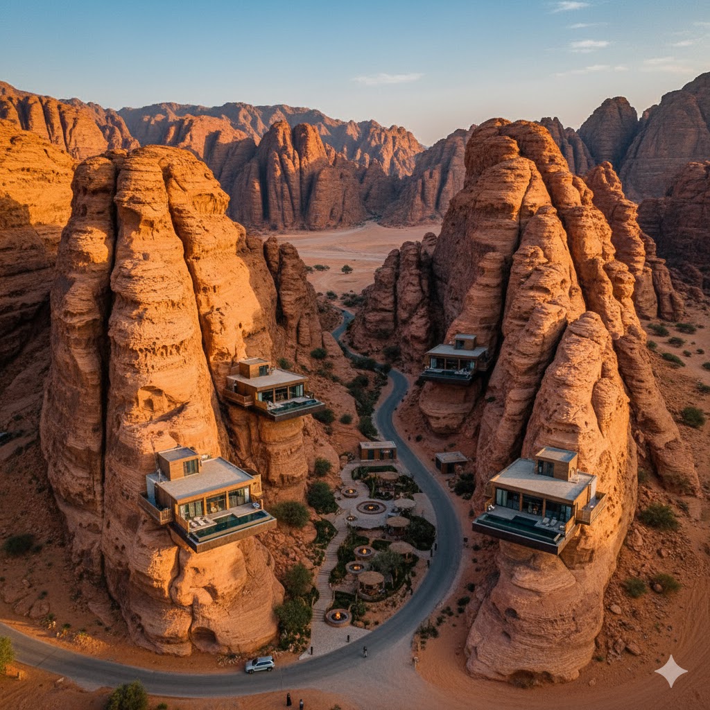 drone view of AlUla's sandstone formations with luxury lodges built into the cliffs
