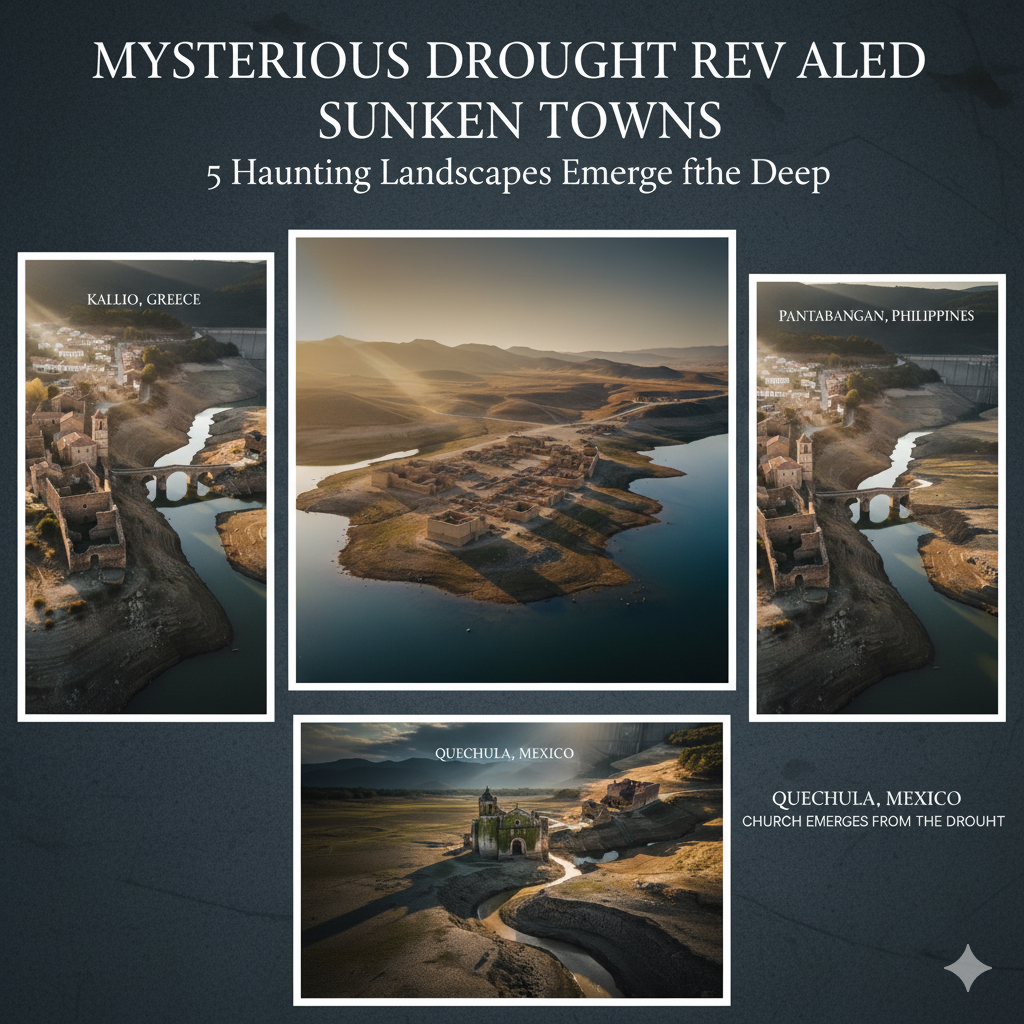 drought revealed sunken towns worldwide emerging from lakes during drought