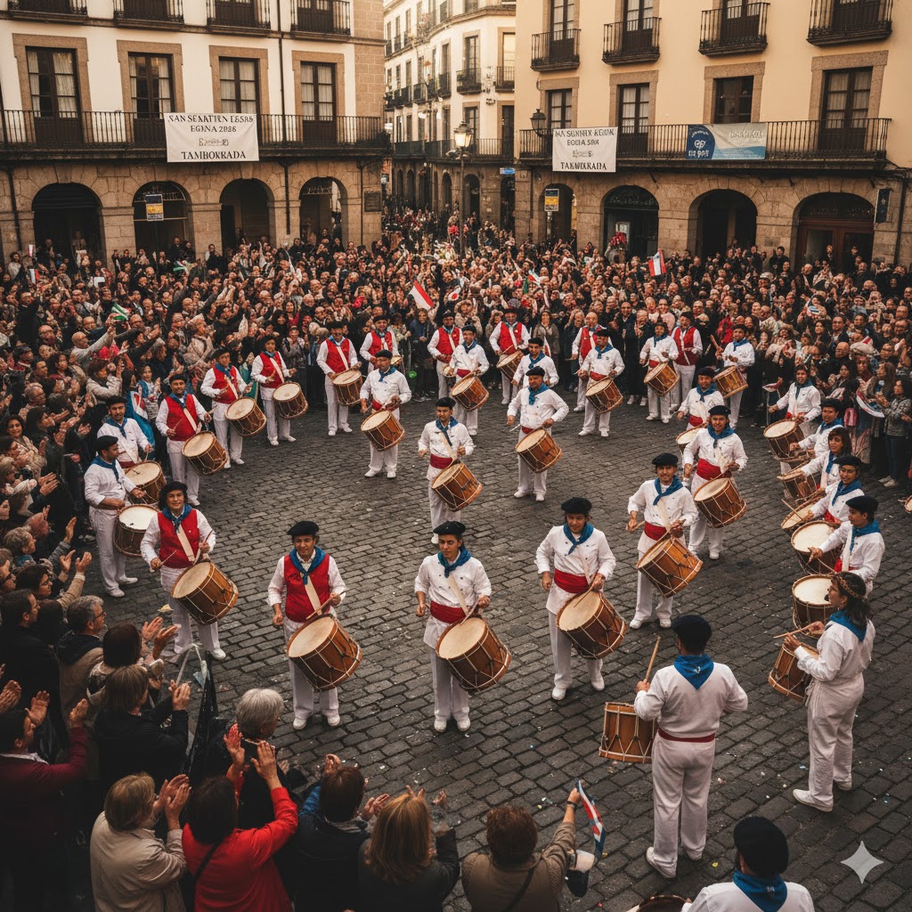 Drummers and locals celebrating San Sebastián Day 2026 in Spain