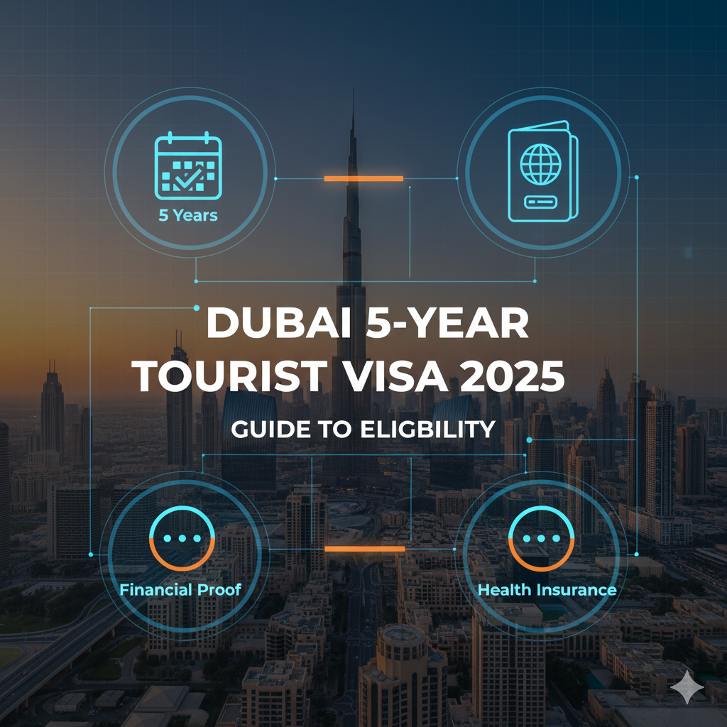 Dubai 5-Year Tourist Visa requirements, including $4,000 bank balance, passport, and health insurance
