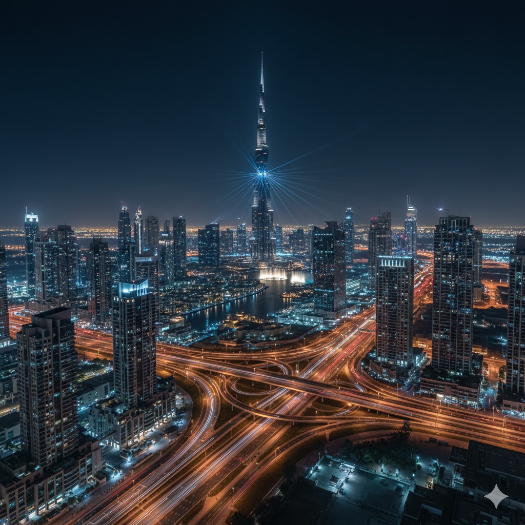 Dubai Marina and Burj Khalifa illuminated at night, United Arab Emirates