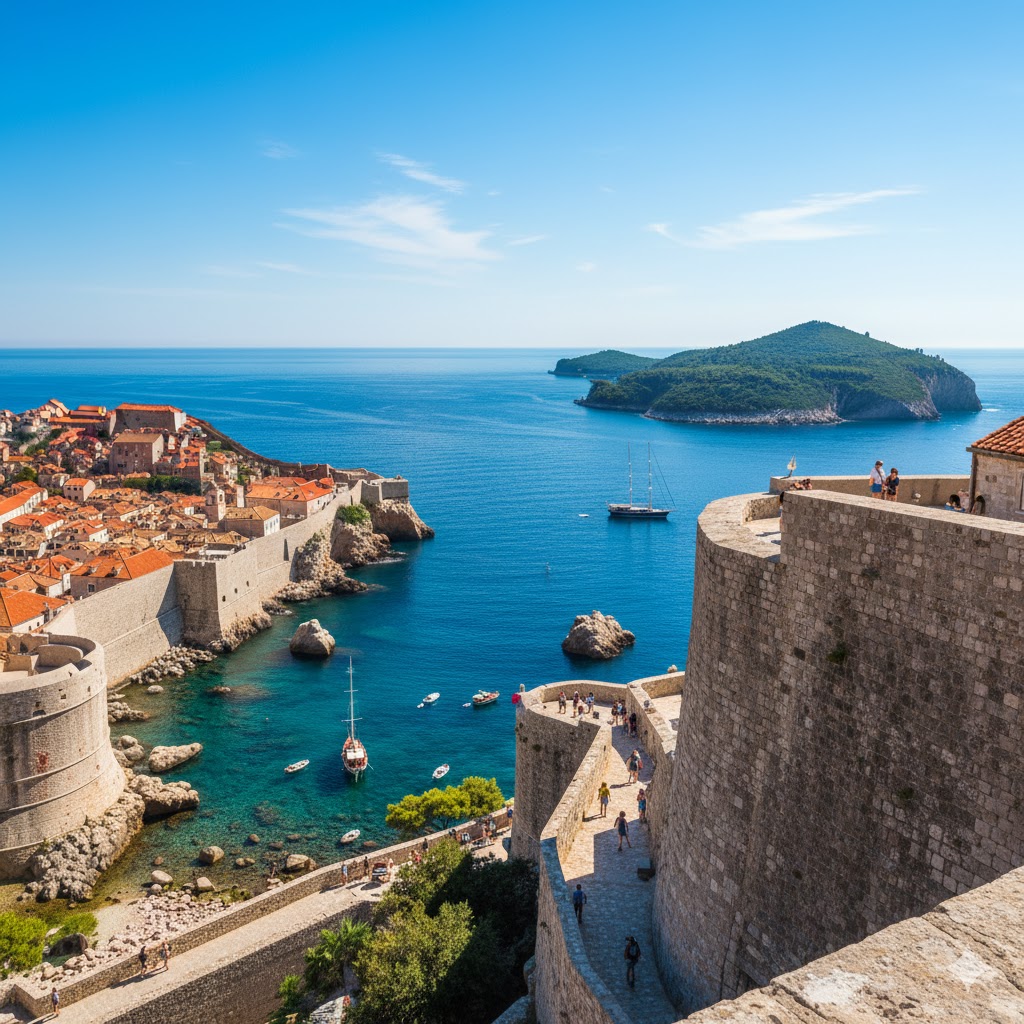 Dubrovnik’s old city walls with sea view, Croatia