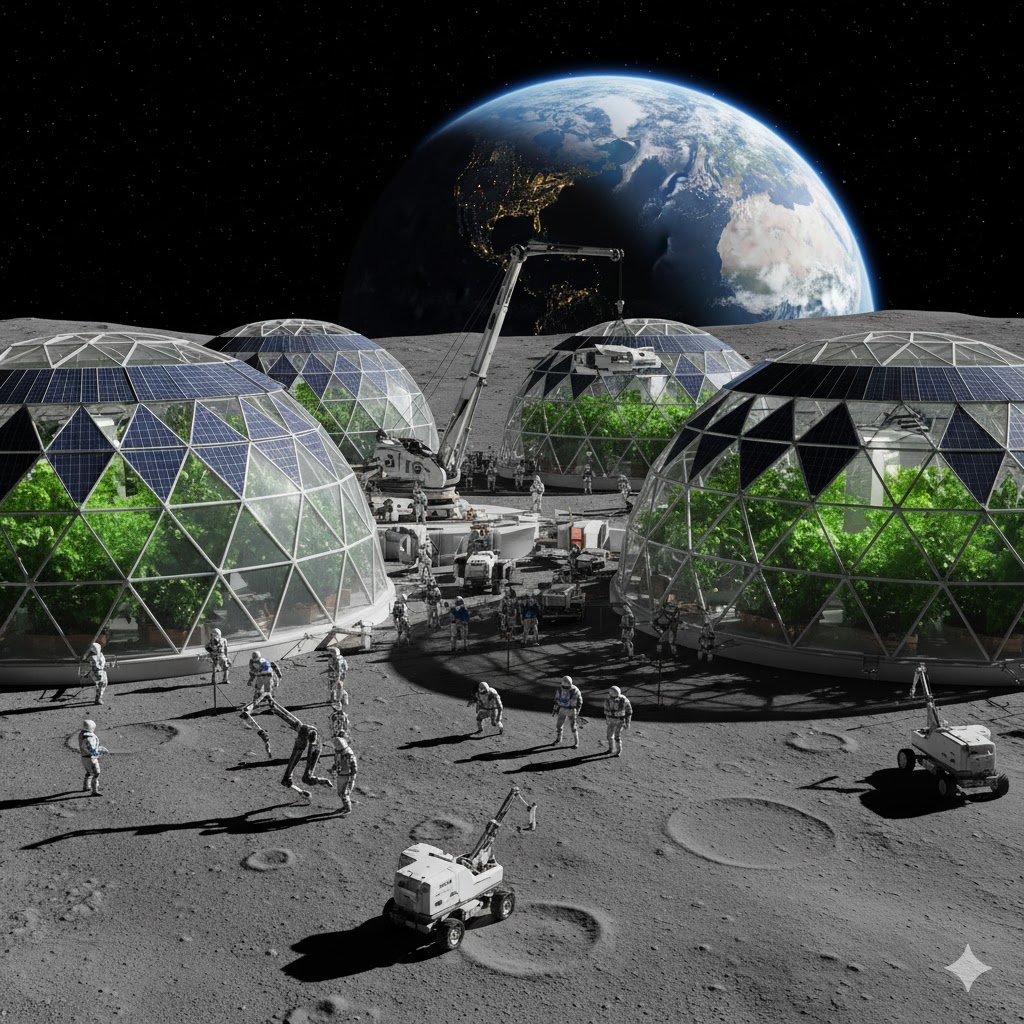 ESA Moon Village concept with solar domes and astronauts building sustainable habitats on the Moon