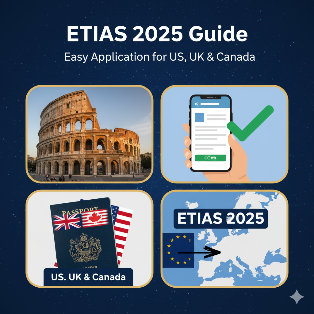 Illustrated ETIAS 2025 guide explaining the new European travel authorization process for US, UK, and Canadian citizens visiting Schengen countries