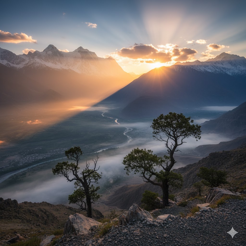 Eagle’s Nest viewpoint during sunrise overlooking Hunza Valley with golden mountain peaks