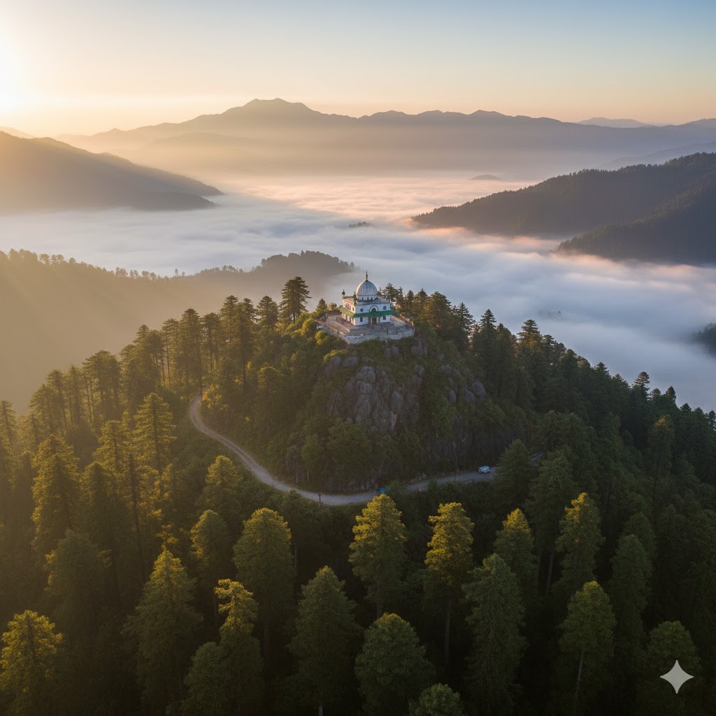 Early morning sunlight hitting the Pir Chinasi Shrine surrounded by pine forests